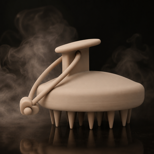 CROWNE Studio Scalp Brush — tan silicone scalp massage brush on a warm near-black background with soft steam