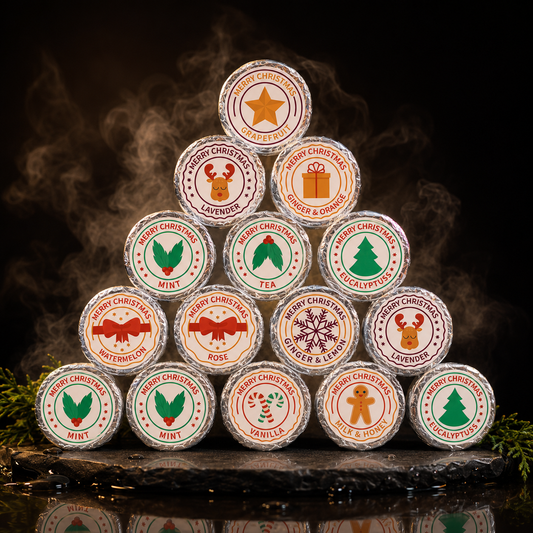 CROWNE Reset Shower Steamers — pyramid of foil-wrapped aromatherapy steamers with holiday labels on a warm near-black background