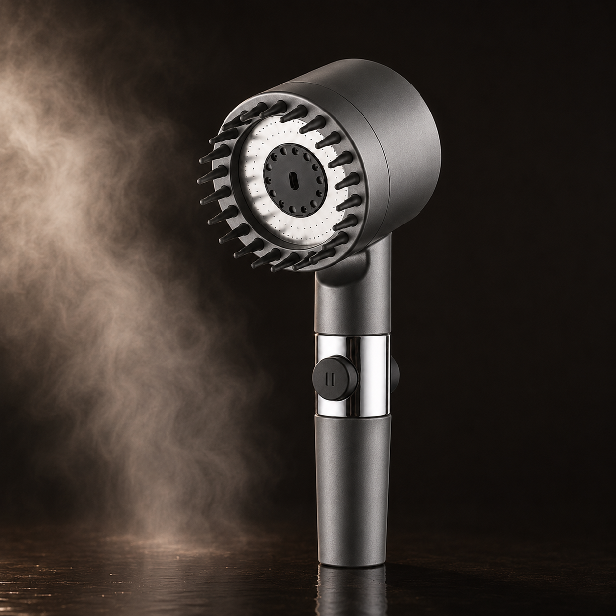 CROWNE Spa Scalp Shower Head — angled hero shot with rising steam on a dark background